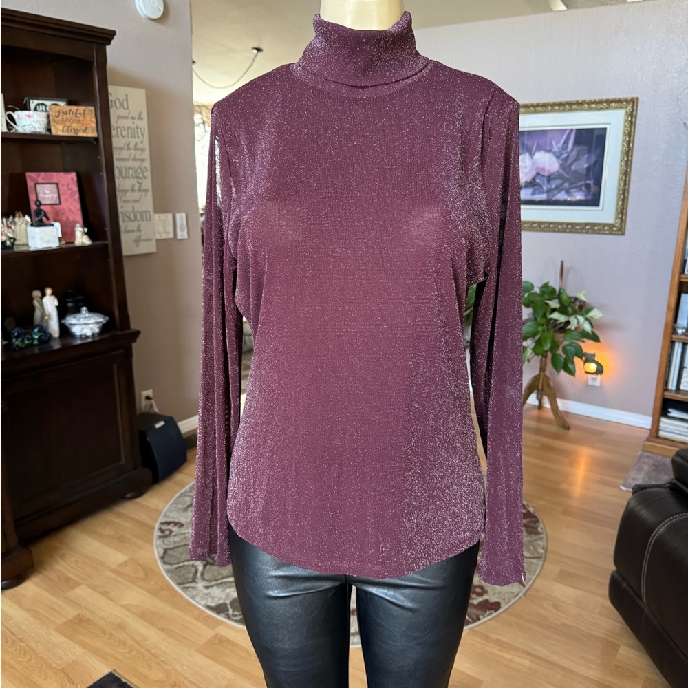 INC red & silver metallic long sleeve turtleneck blouse-size L